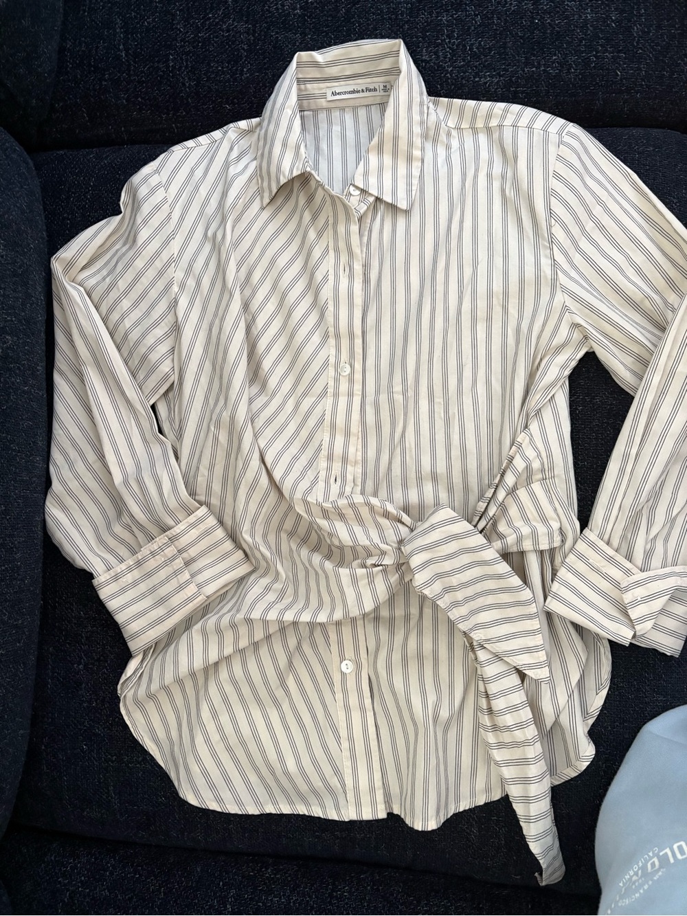 Abercrombie & Fitch Cream Shirt with Thin Black Stripes and Self Tie